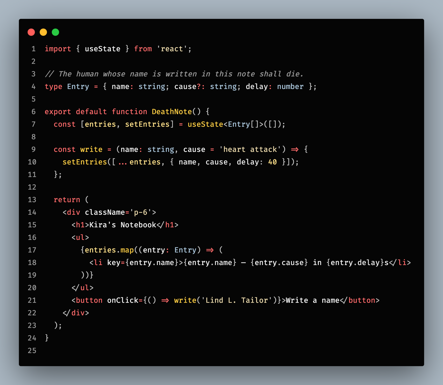 Death Note theme showing TypeScript syntax in VS Code
