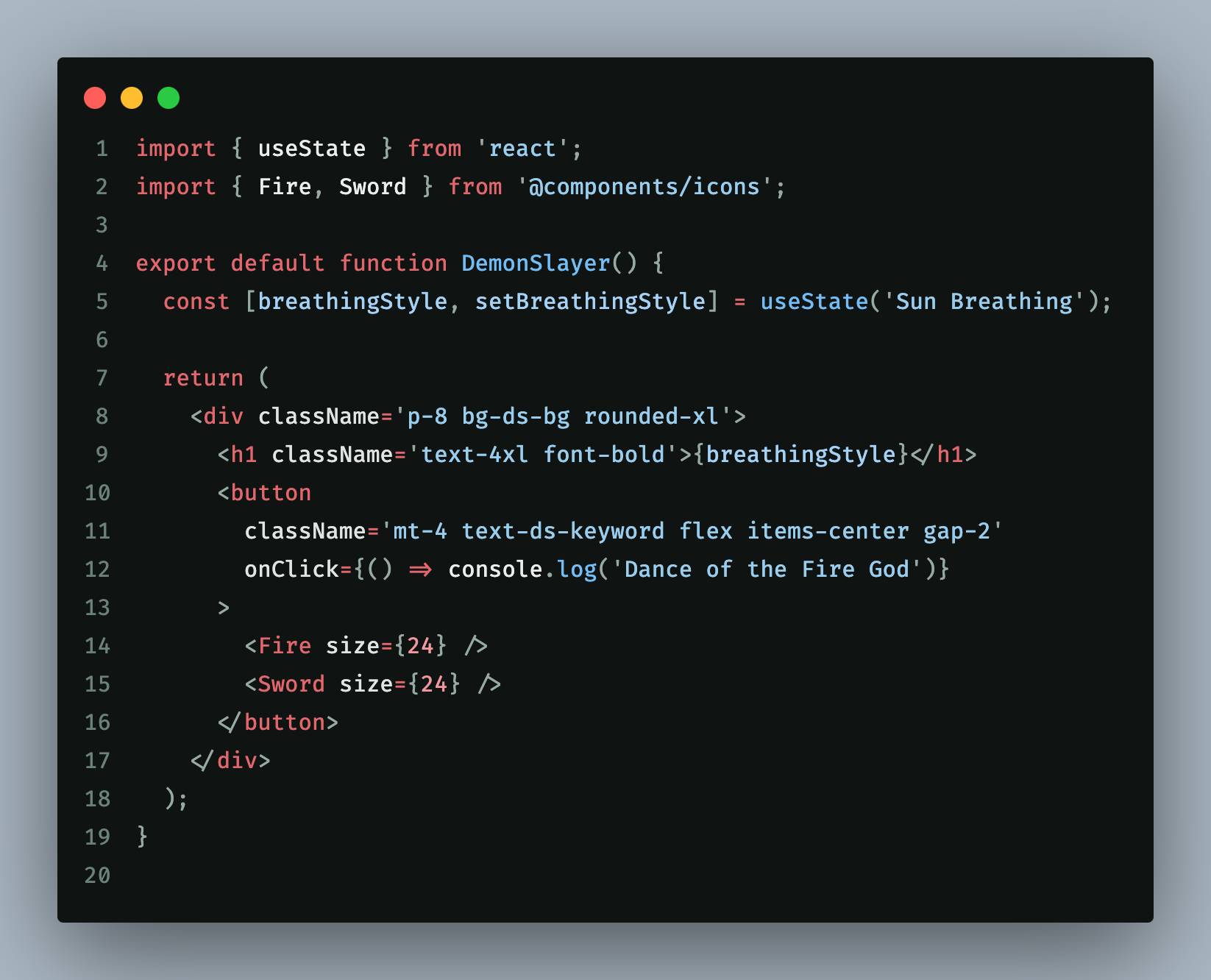 Demon Slayer theme showing TypeScript syntax in VS Code