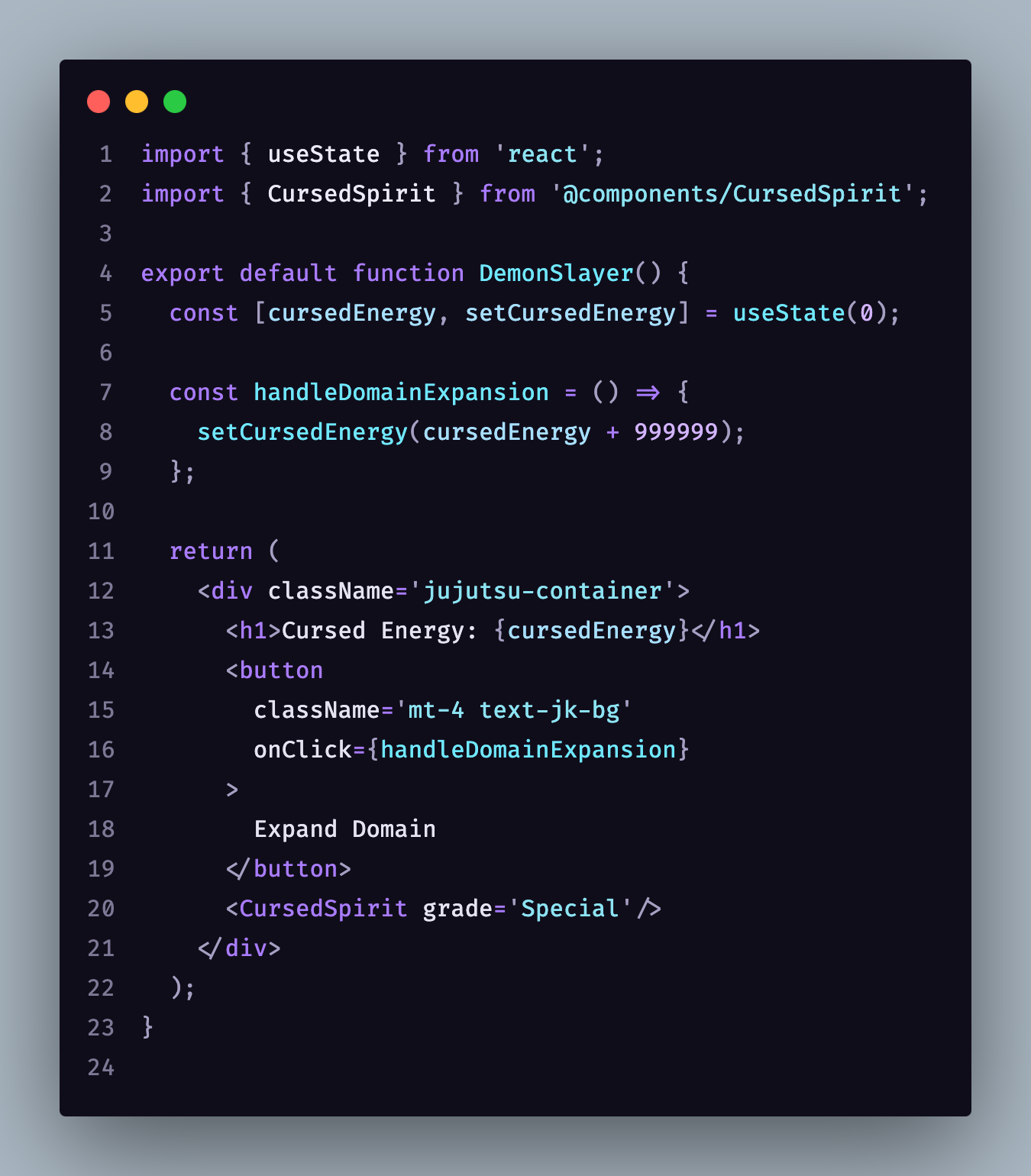 Jujutsu Kaisen theme showing TypeScript syntax in VS Code
