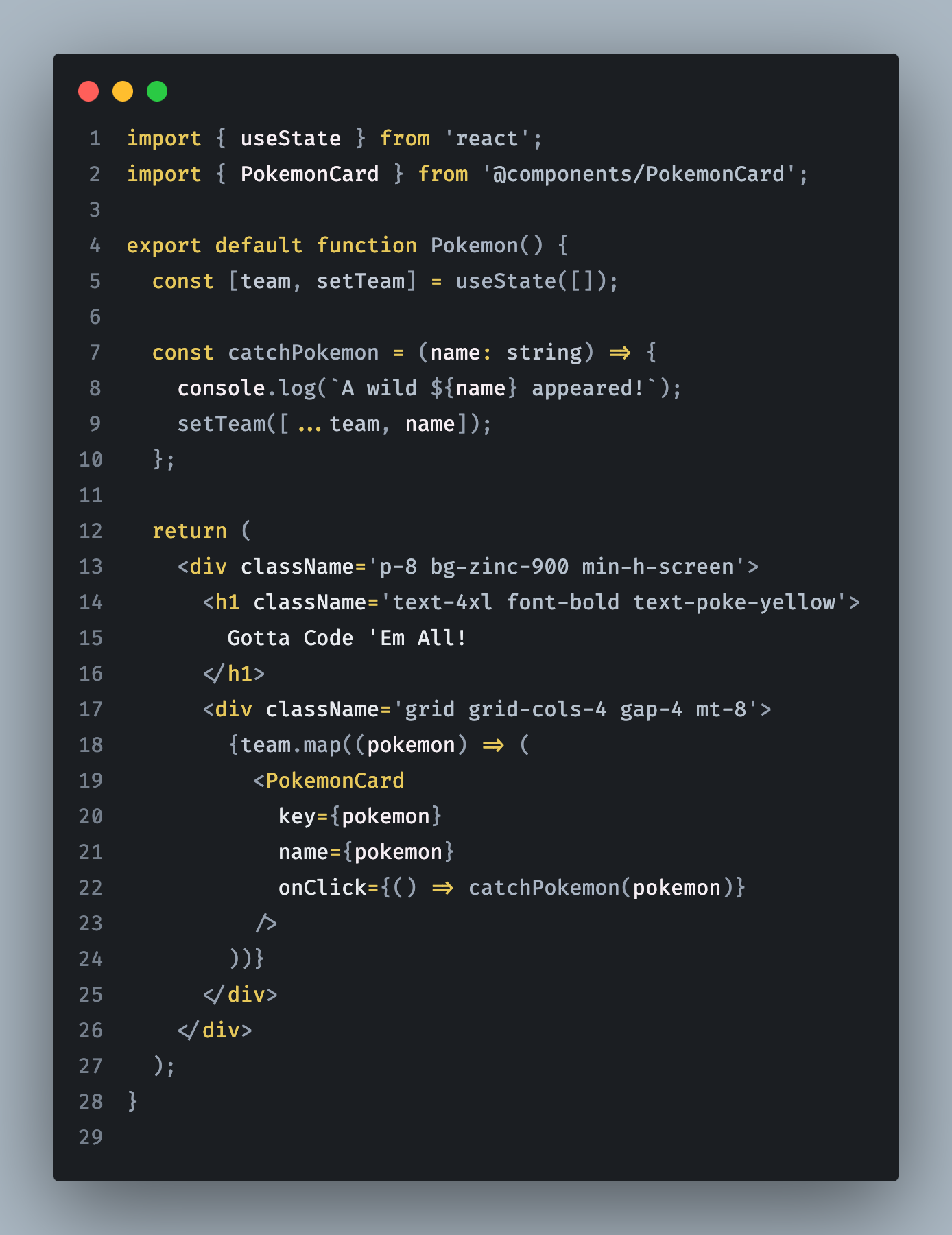 Pokémon theme showing TypeScript syntax in VS Code