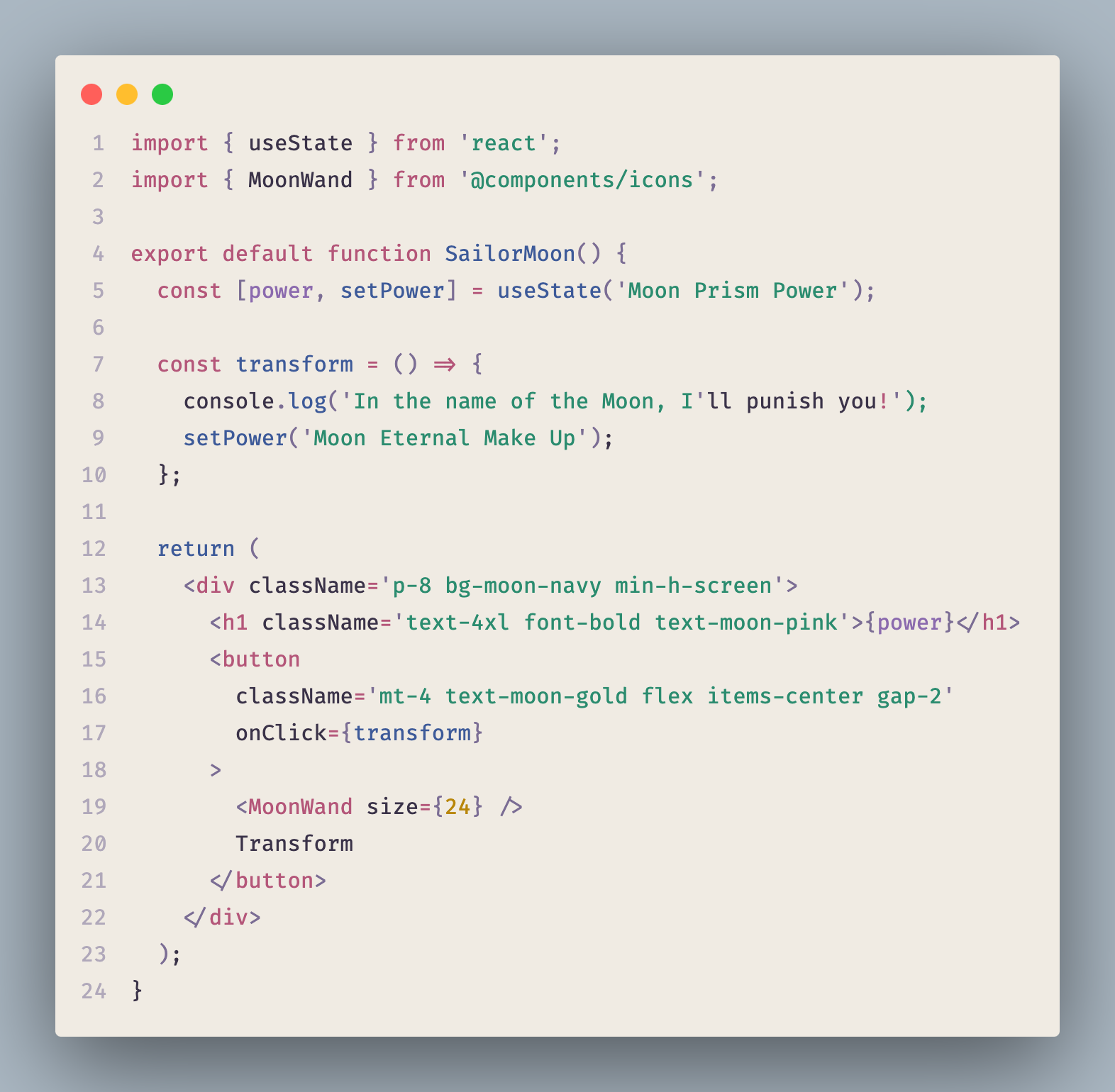 Sailor Moon theme showing TypeScript syntax in VS Code